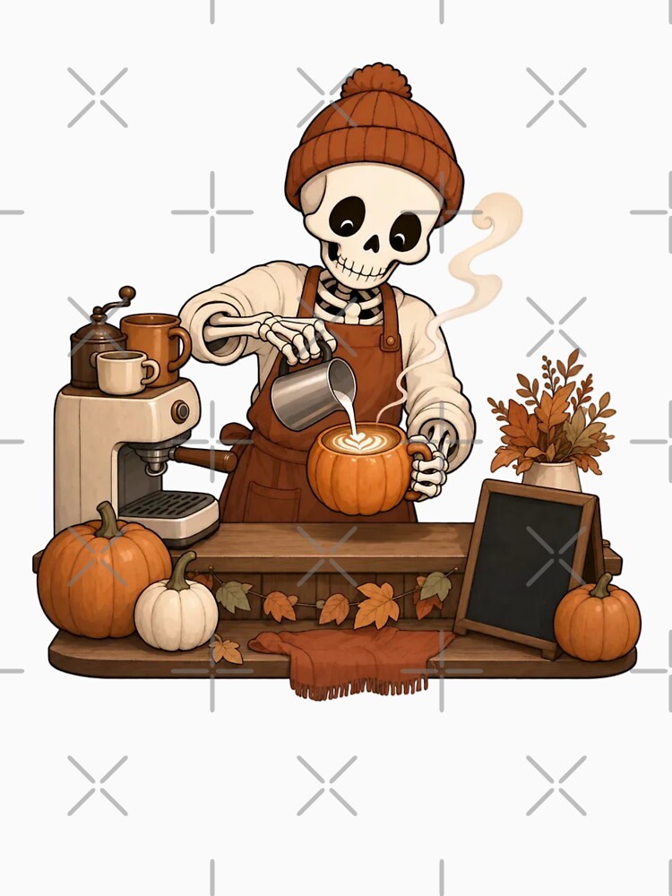 Skeleton Barista Pumpkin Spice Shift | Cozy Halloween Rust and Cream by StickyGuys