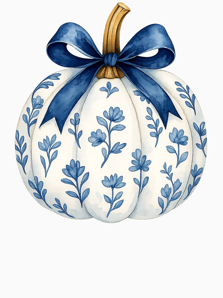 Pumpkin Fall Blue Floral Pumpkin Season Hello Autumn Aesthetic Women Chinoiserie Toile de Jouy by LessIsLoud