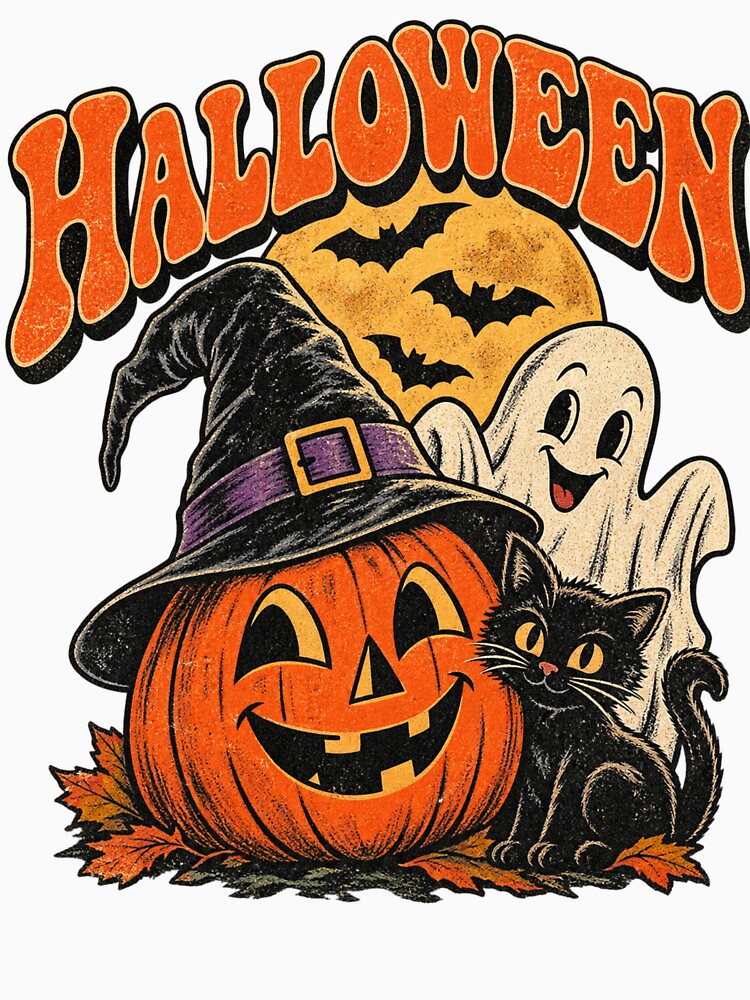 Vintage Halloween Pumpkin Ghost Cat by Shopex10