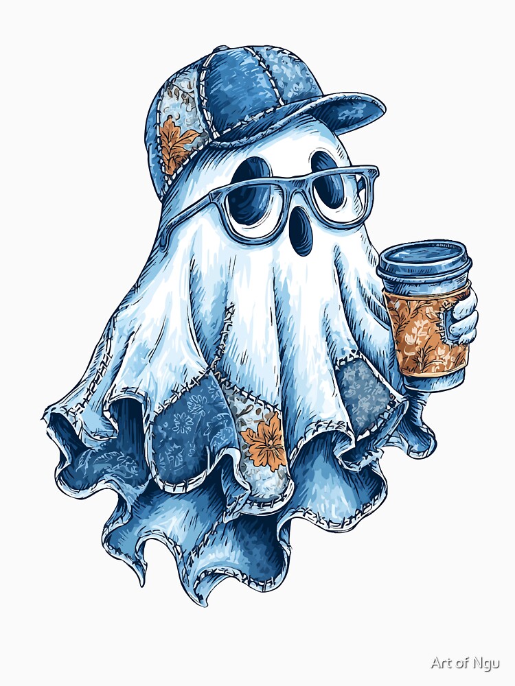 Trendy Ghost with Coffee – Cute Hipster Halloween Illustration by Art of Ngu