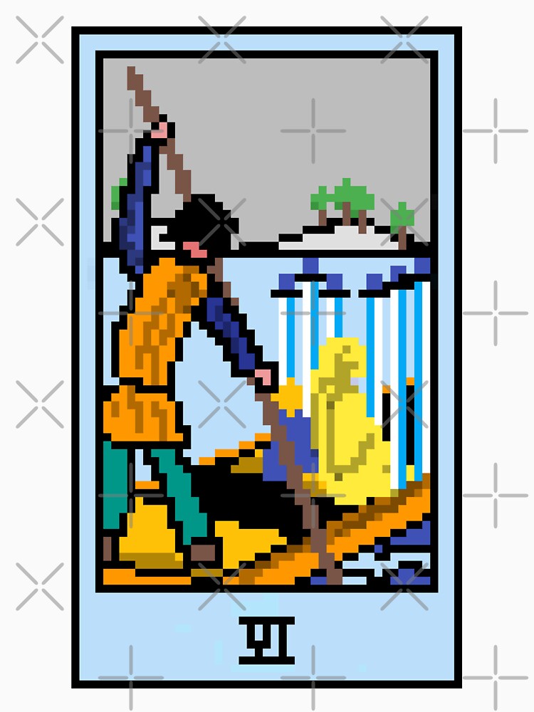 Wait, is this pixel art tarot? Yellow - Minor Arcana 'Six of Swords' (Design for T-shirt, stickers and other accessories) by Pixel Waite
