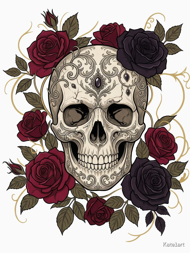 Elegant Gothic Skull and Crimson Roses by Kate1art