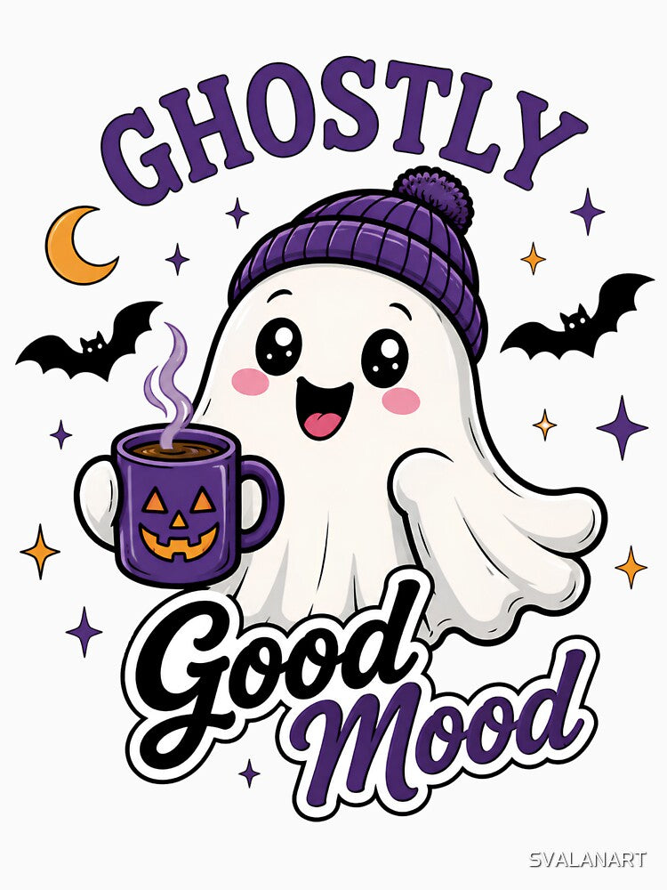 Ghostly Good Mood – Cute Coffee Ghost Halloween Design by SVALANART