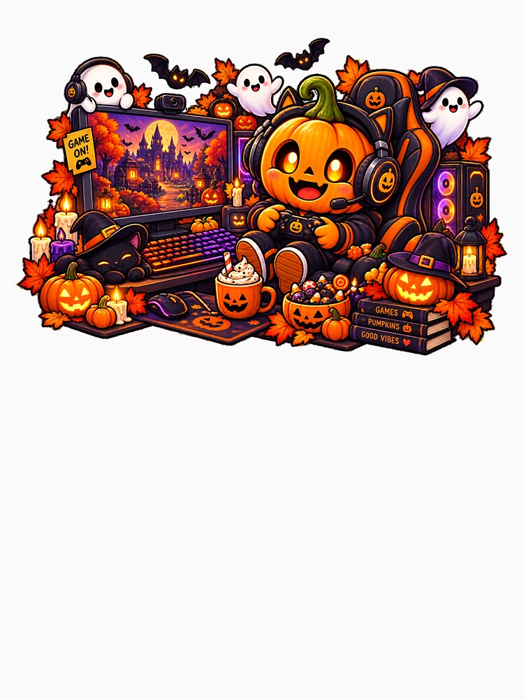 Cute Halloween Pumpkin Gamer T-Shirt  Spooky Jack-O-Lantern Gaming Setup with Ghosts, Black Cat & Candy by FestivityFinds