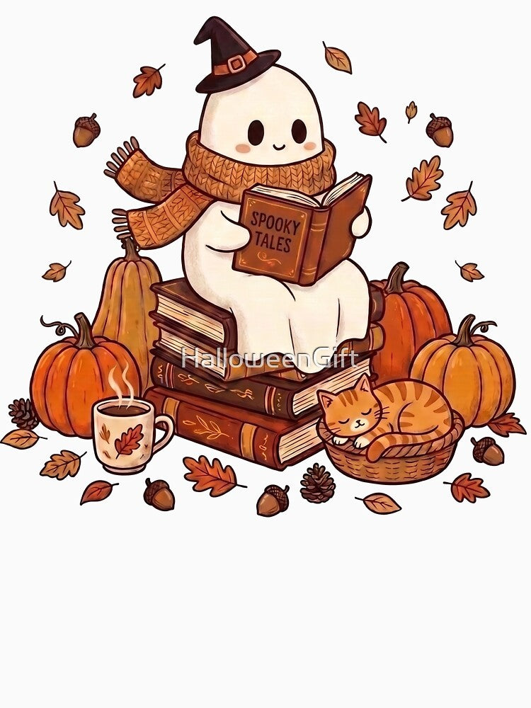 Cute Ghost Reading Books Cat Halloween by HalloweenGift