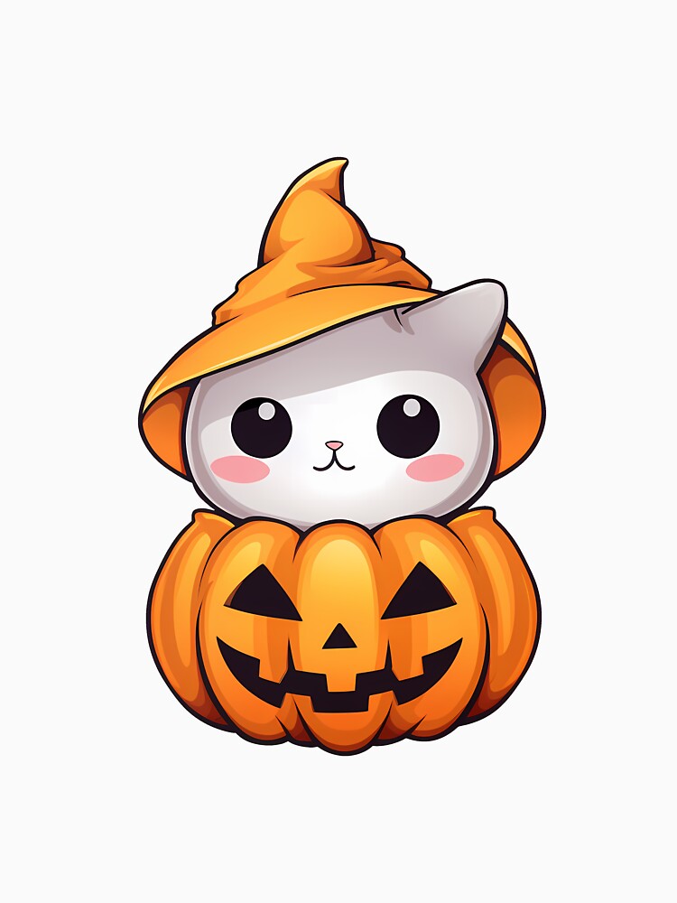 Kawaii white cat in a carved pumpkin - Halloween by Vansky-Art