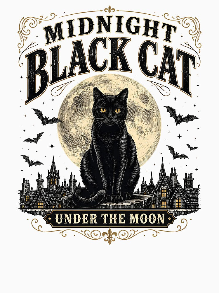Midnight Black Cat Under the Moon Vintage Engraving by RoyesButler