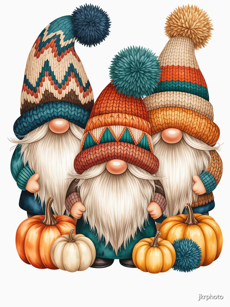 Gnomes with Pompom Hats and Pumpkins by jkrphoto