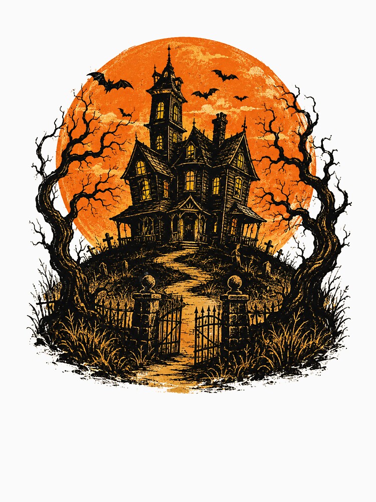 Vintage Haunted House Orange Moon Halloween by WILLIAMS-BR