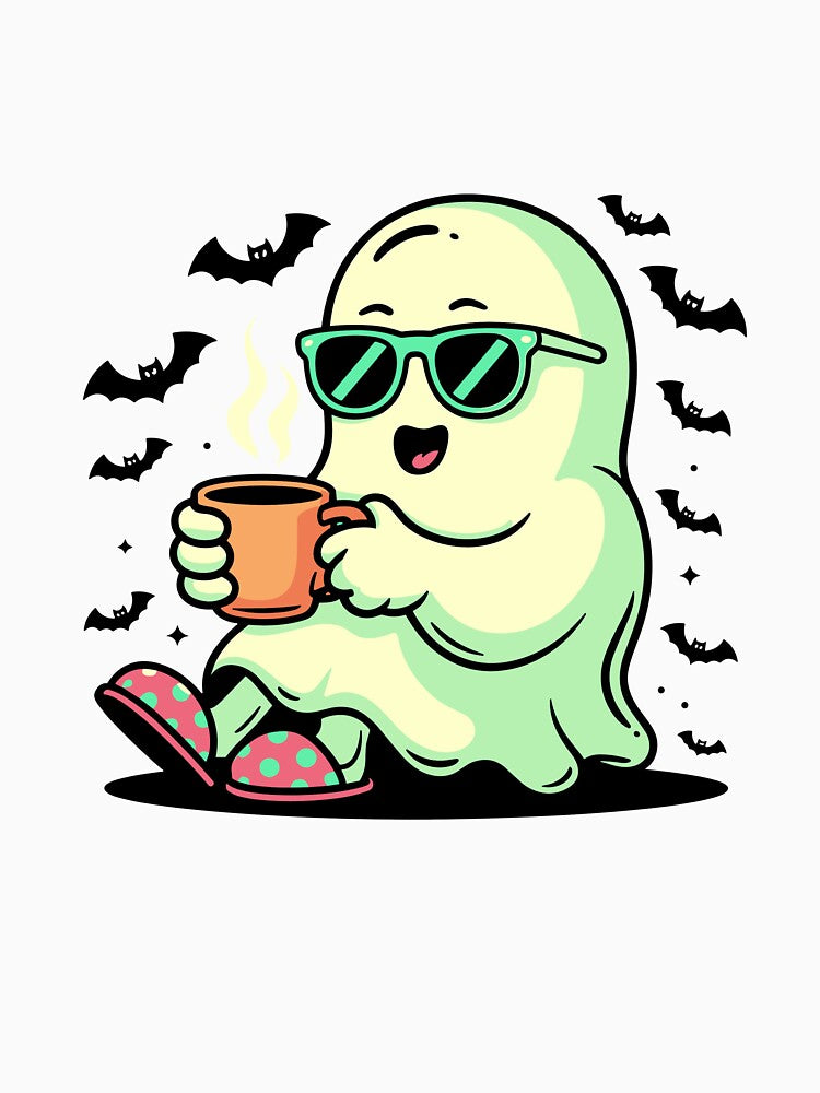 Cute Ghost Drinking Coffee – Funny Cozy Ghost with Sunglasses and Slippers by Horrify