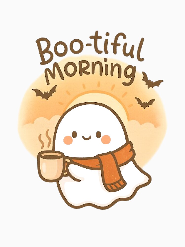 Cute Ghost with Coffee – Cozy Halloween Sunrise Art for Fall Lovers by kakaworld
