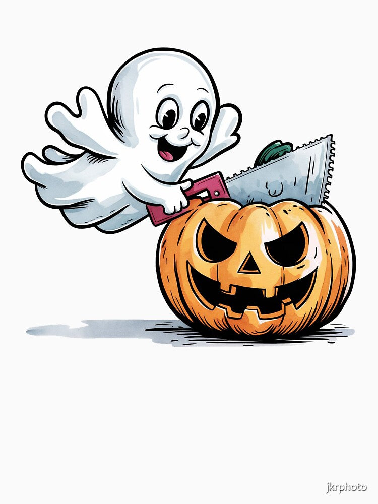 ghost is carving a jack-o'-lantern by jkrphoto