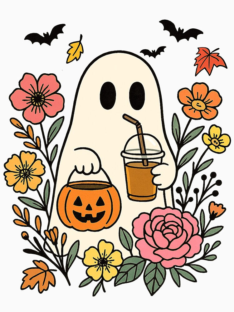 Cozy Autumn Ghost with Pumpkin and Flowers by QuietBloom80