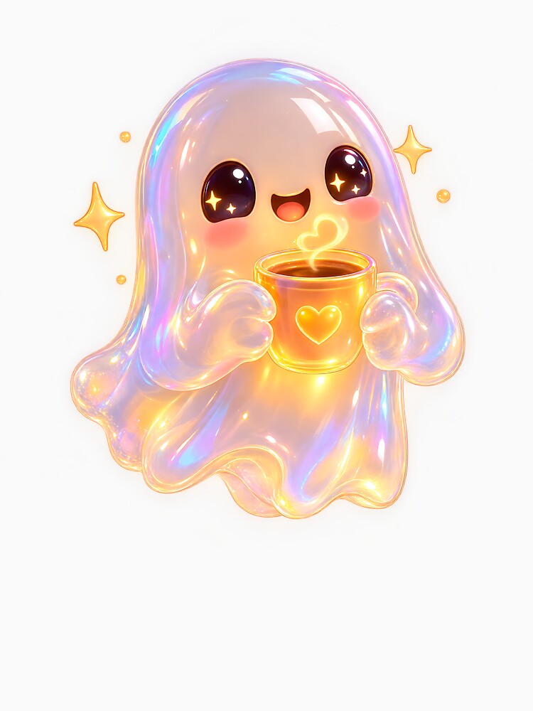 Cute Glowing Spooky Ghost With Coffee by wallpapersarts