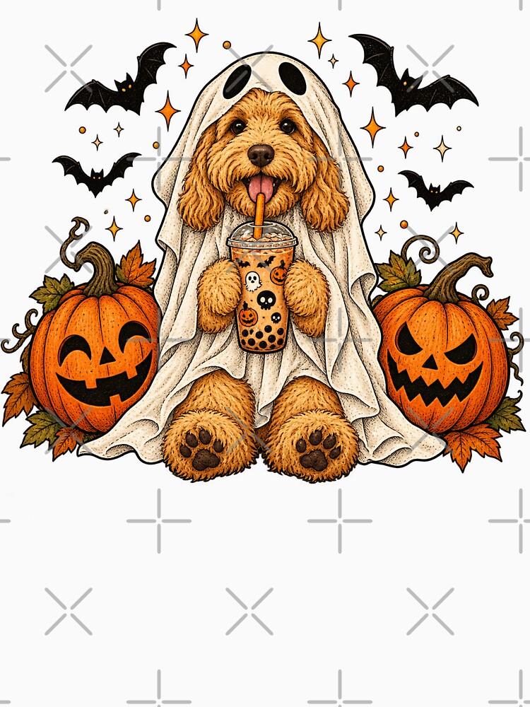 Goldendoodle Ghost and Boba Cute Halloween Dog Humor by will freed18