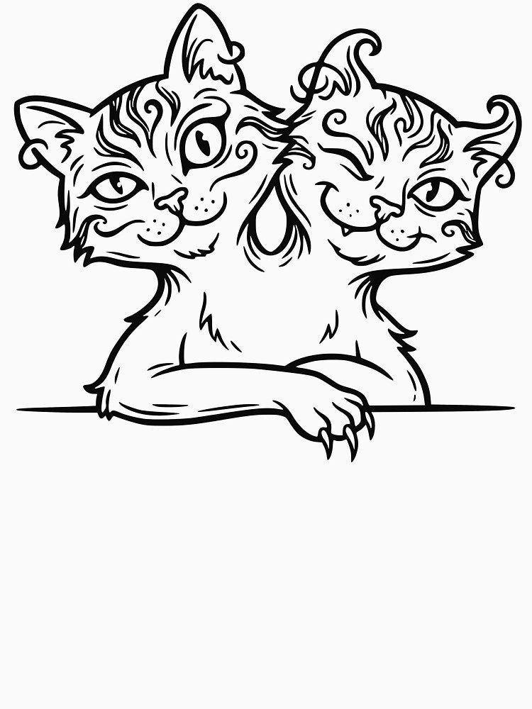 Just Chillin Two Headed Cat - Funny Spooky Halloween Retro Line Art by Lozarux