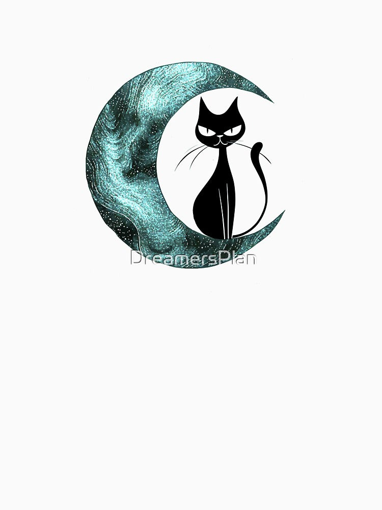 Cat and Moon - Blue Moon - Retro Cat - Cute Cat - Black Cat by DreamersPlan