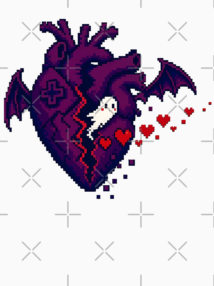 Gothic Pixel Heart with Bat Wings and Spooky Ghost by chattsuede