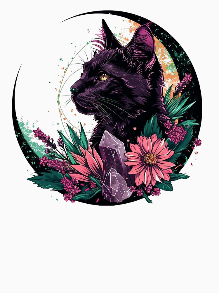 Black Cat Crescent Moon Crystals Flowers Lilith by VisionaryVortx