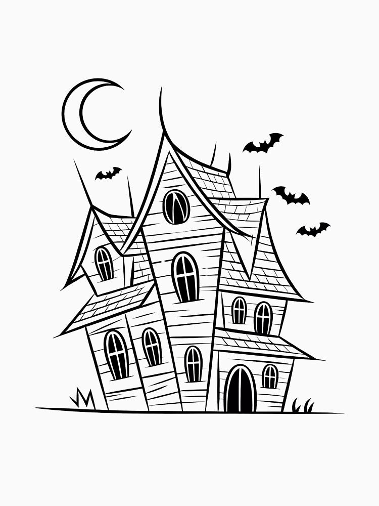 Minimalist Haunted House with Bats – Spooky Halloween Art by BestChooseArt