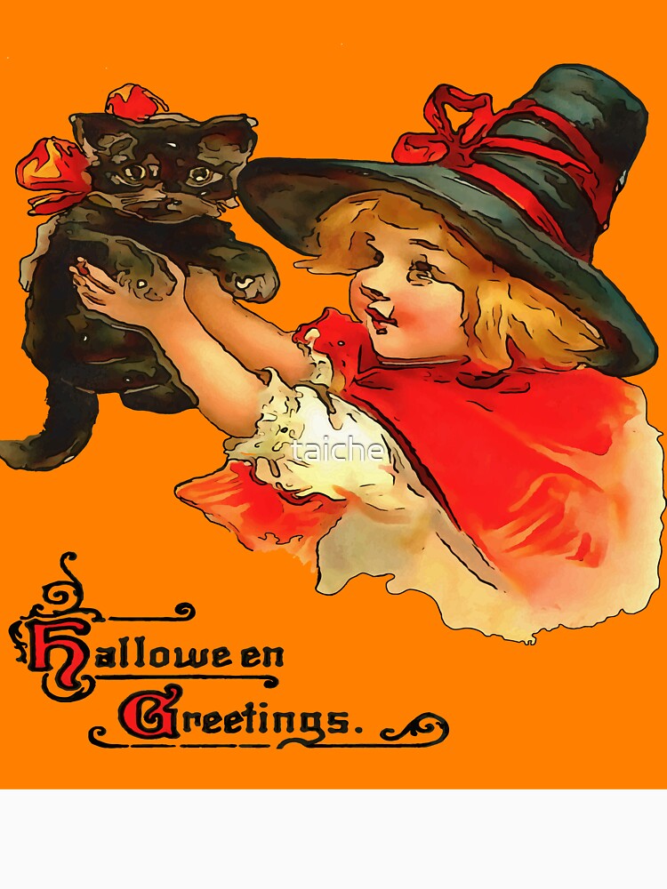 Girl With Black Cat Vintage Halloween Greetings On Orange by taiche