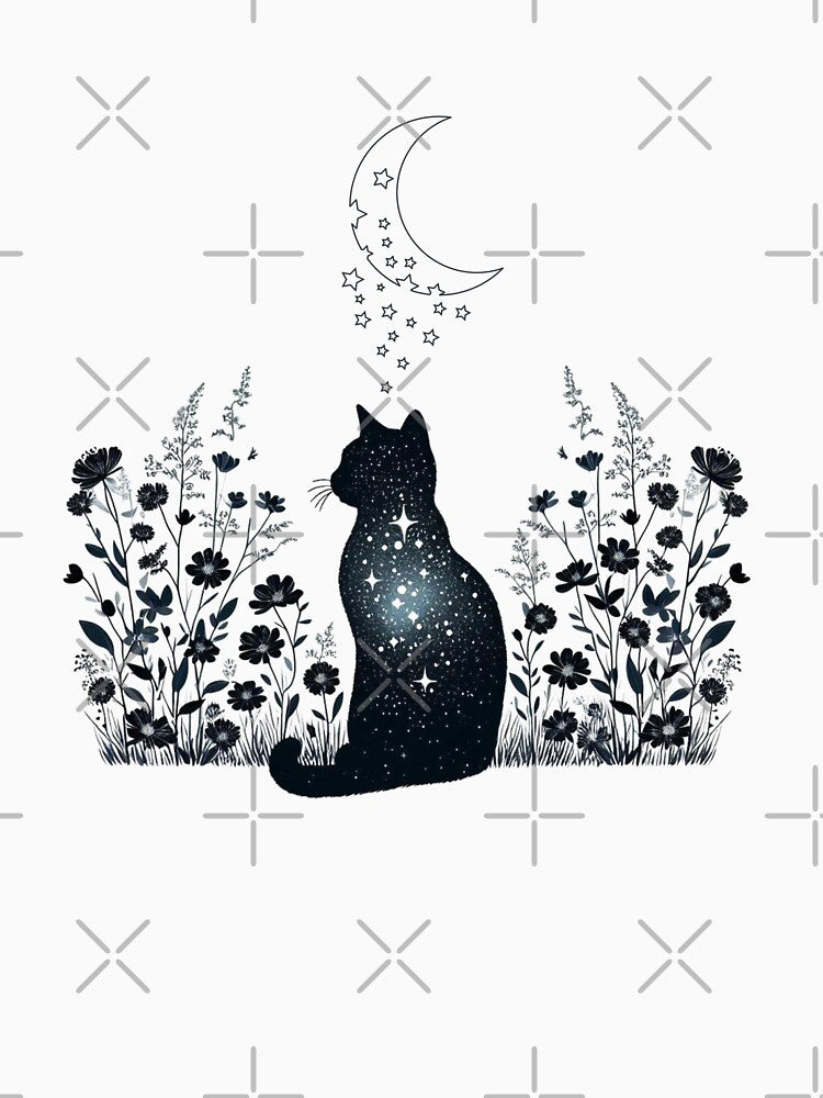 Black Cat, Flowers and Moon by CreativeCanvas8