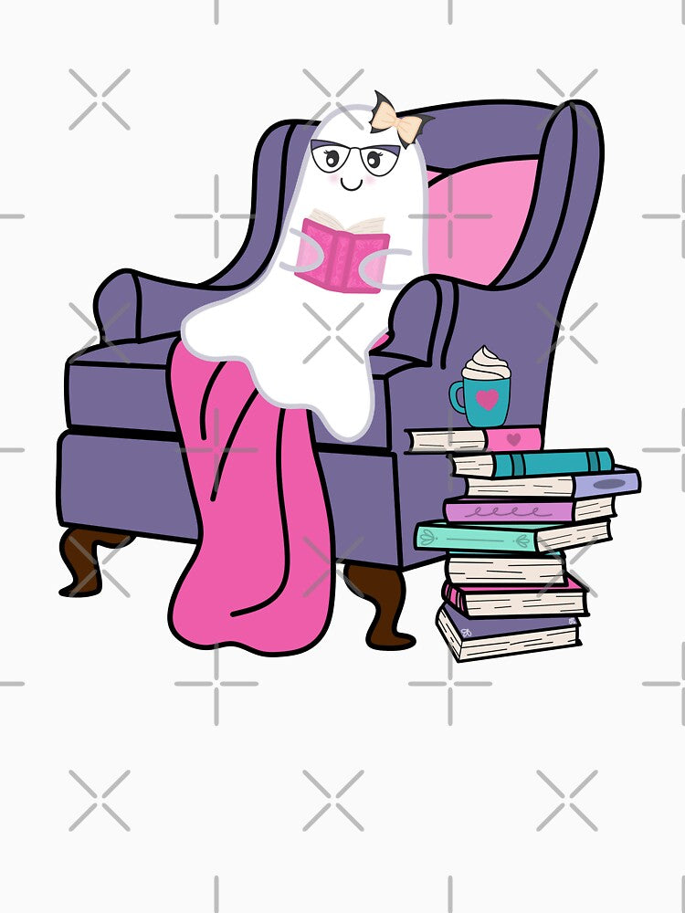 Cozy Ghost Reading – Hand-Drawn Armchair & Book Stack Illustration by Thistle Owl Studio