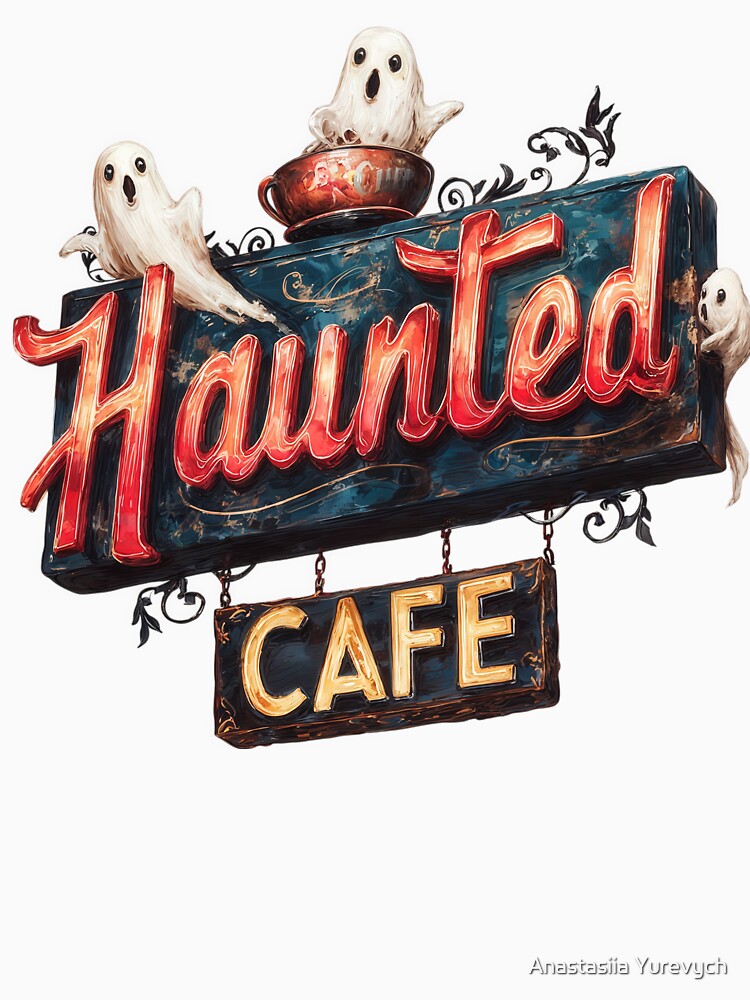 Haunted Cafe Vintage Sign with Cute Ghosts by Anastasiia Yurevych