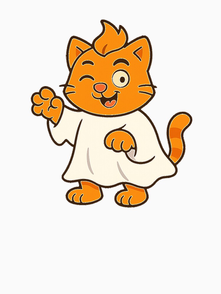 Funny orange cat ghost – cute Halloween cartoon cat in white sheet illustration by MeowLaugh