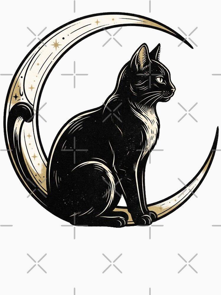 Mystical Black Cat Gold Celestial Moon Astrology Engraving by mood-draftsman