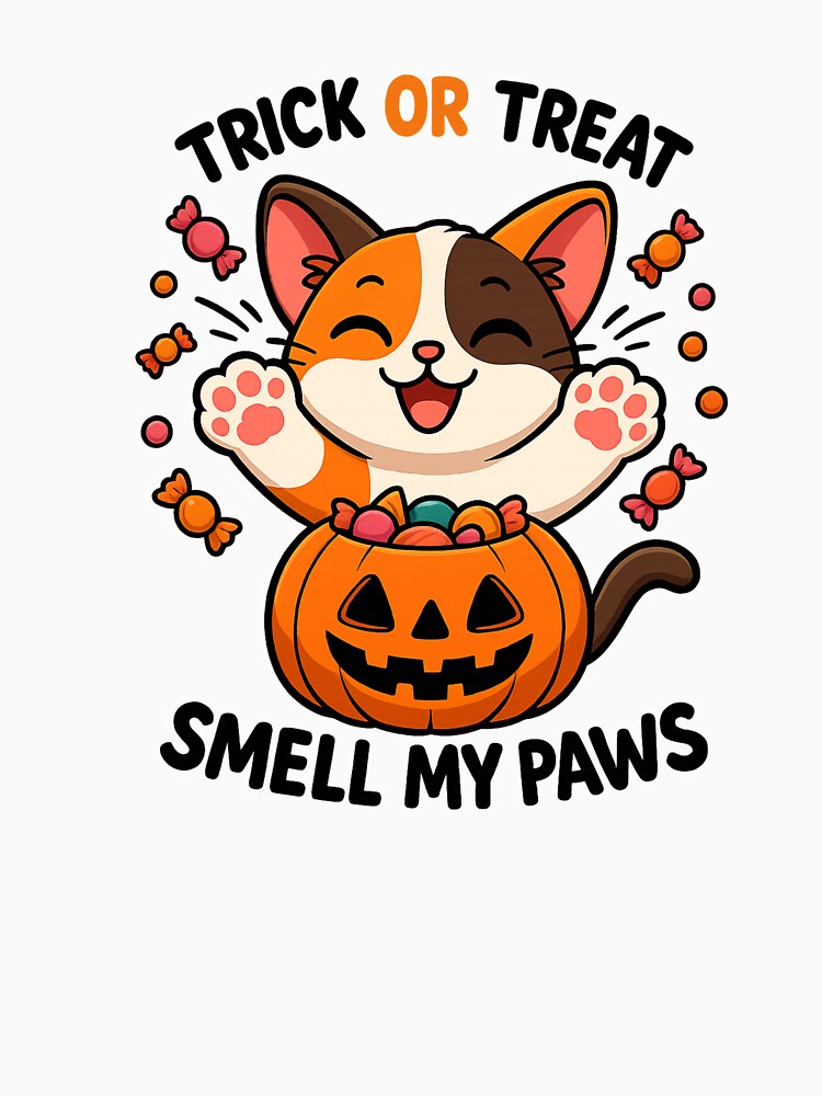 Adorable Funny Halloween Cat Trick or Treat Quote with Sweets by Goinikitz