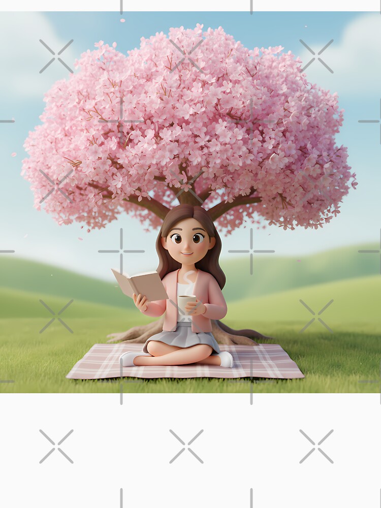 Reading Under Cherry Blossom Tree - Spring Relaxation Illustration by HappyDigiart