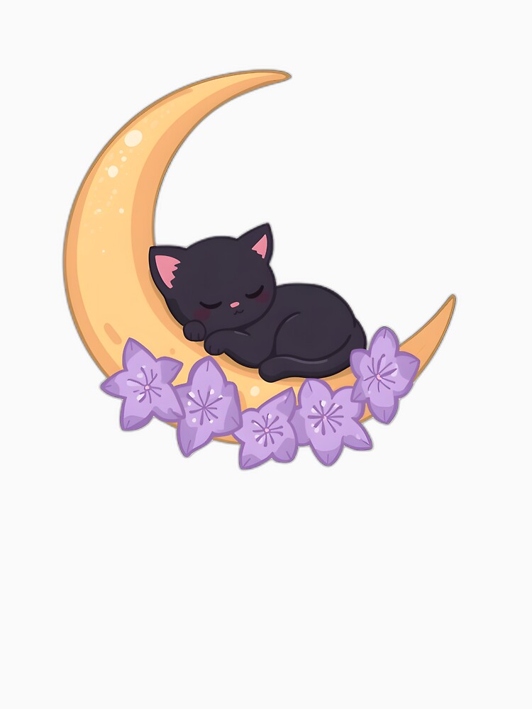 Sleeping Black Cat on Crescent Moon Sticker | Cute Kawaii Moon Cat Design by dreamz-world