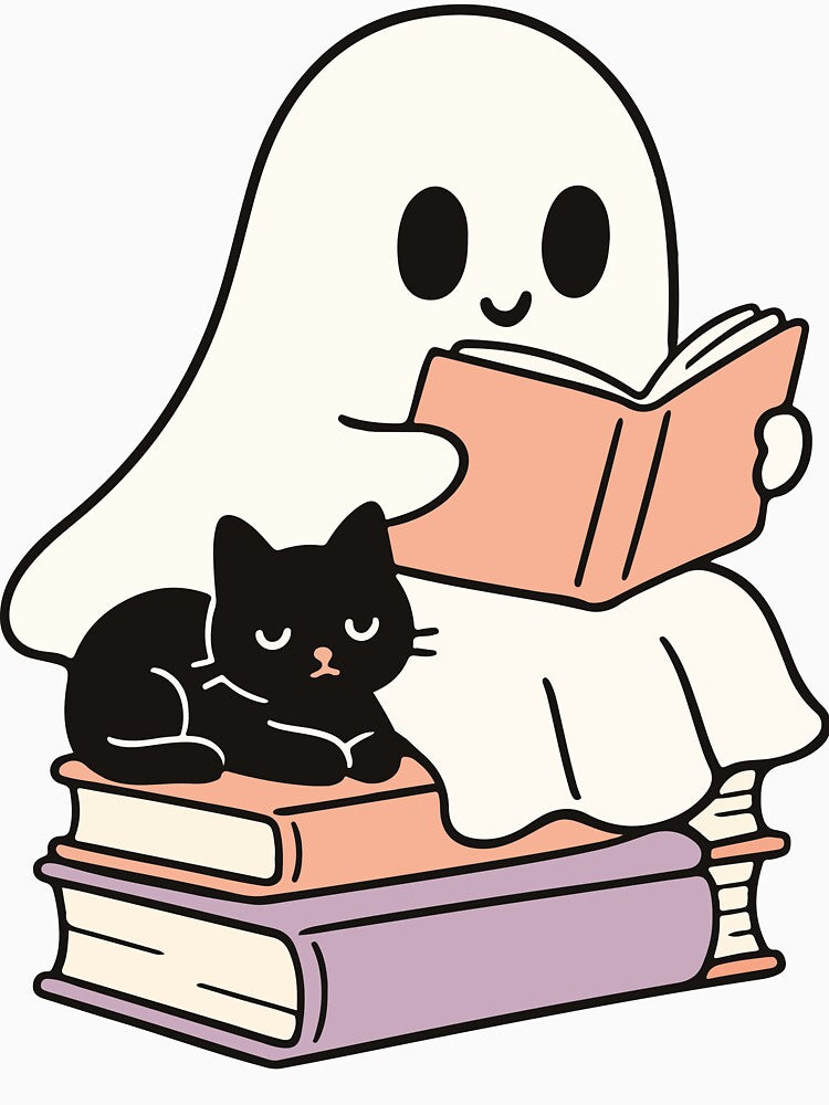 Cute Ghost with Black Cat and Stack of Books by RowanDraco
