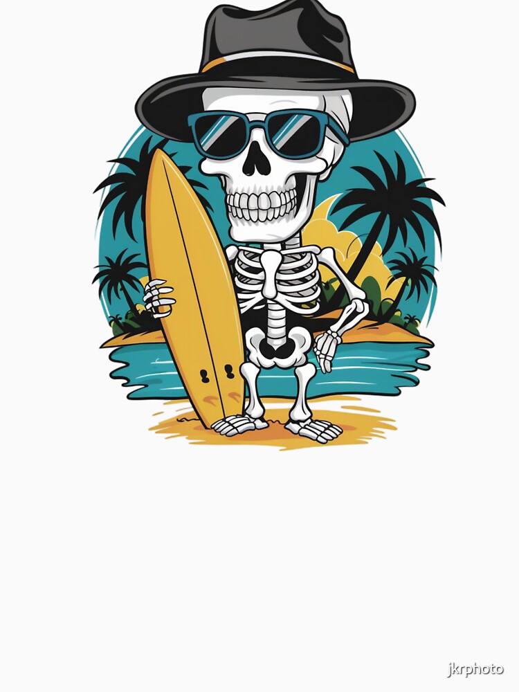 A skeleton holds a yellow surfboard by jkrphoto