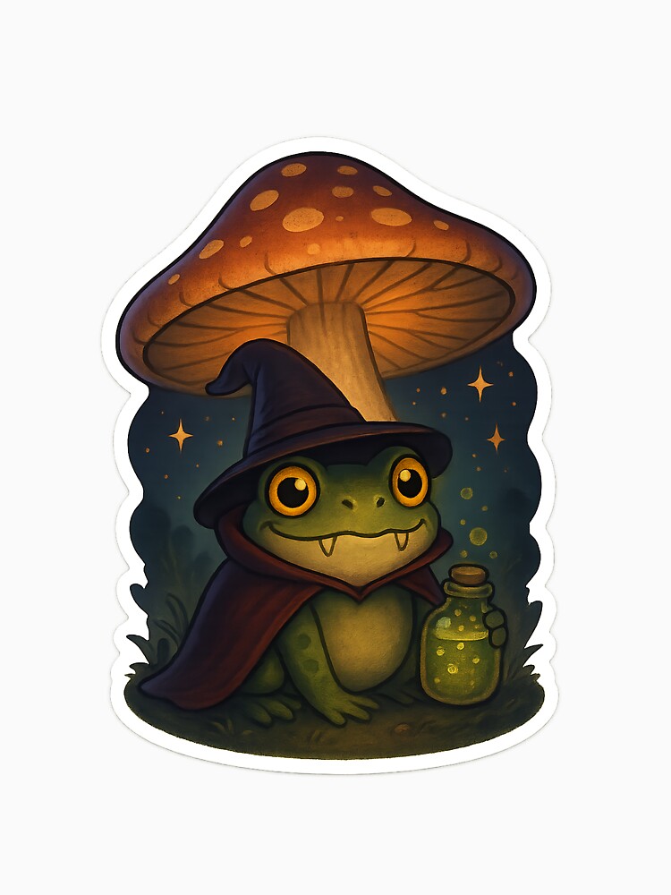 Vampire Frog Under Mushroom – Cute Halloween Horror Sticker | Spooky Frog Art by Papurica