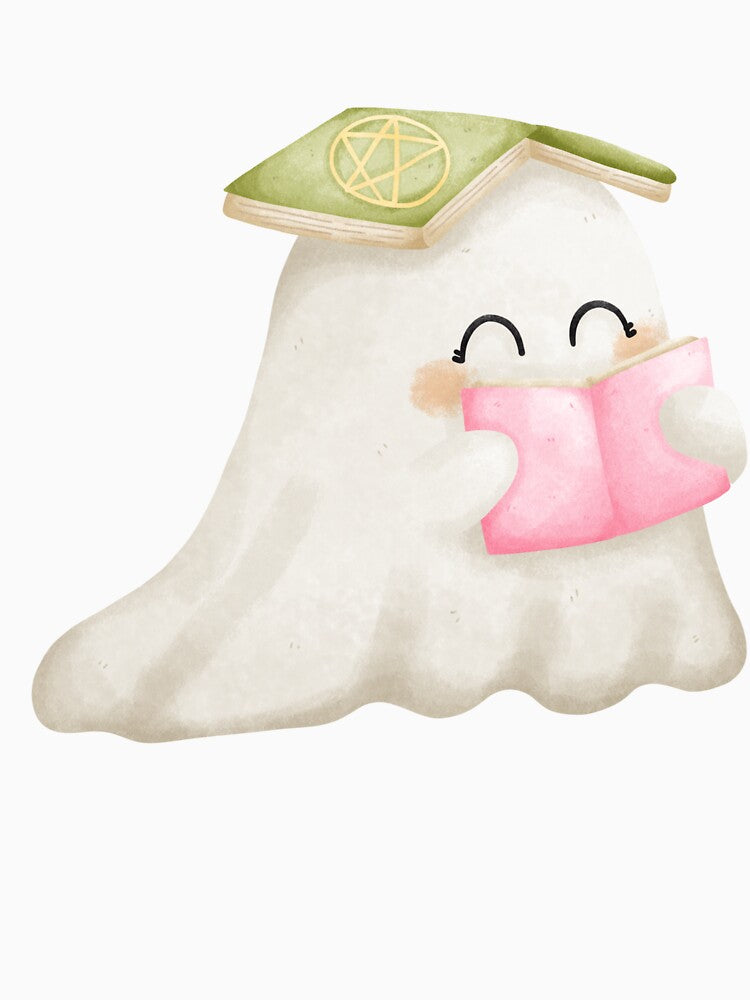 Cute Bookish Halloween Ghost Reading Pastel Illustration by inelistudio