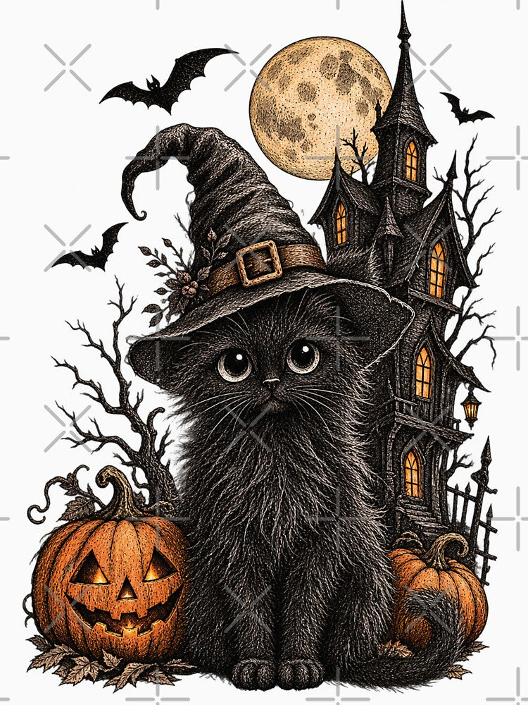 Mystical Black Cat Halloween Haunted Forest Pumpkin Moon Bats Vintage by SOUFIANE1991