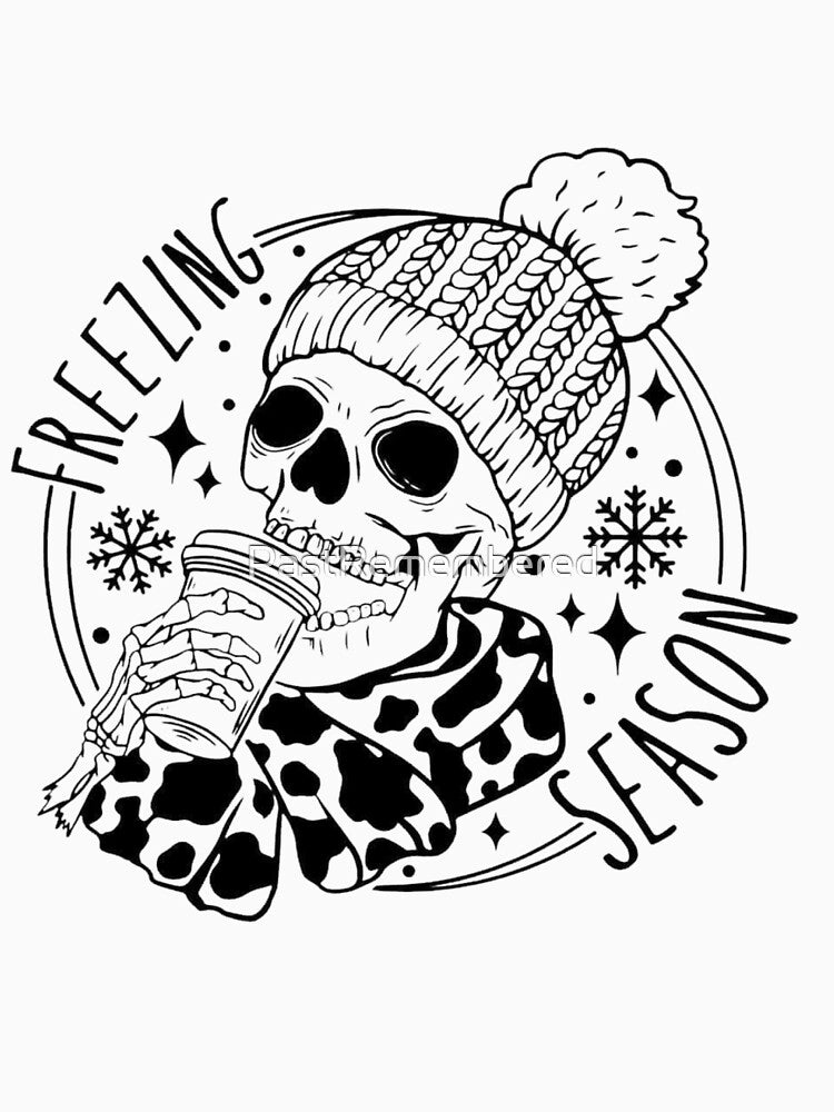 Freezin Season Skeleton Coffee Graphic Tee, Hoodie & Home Decor, Funny Winter Coffee Lovers Gift by Compass and a Camera