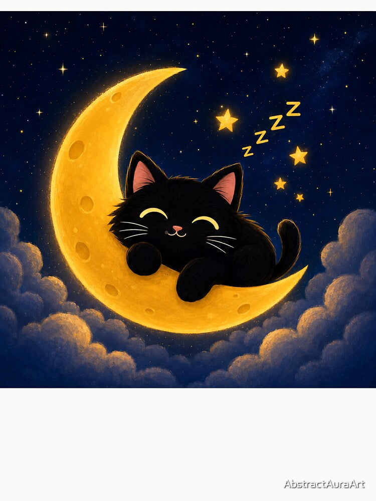 Cute Black Cat Sleeping on Crescent Moon – Celestial Night Sky Cat Lover Design by AbstractAuraArt