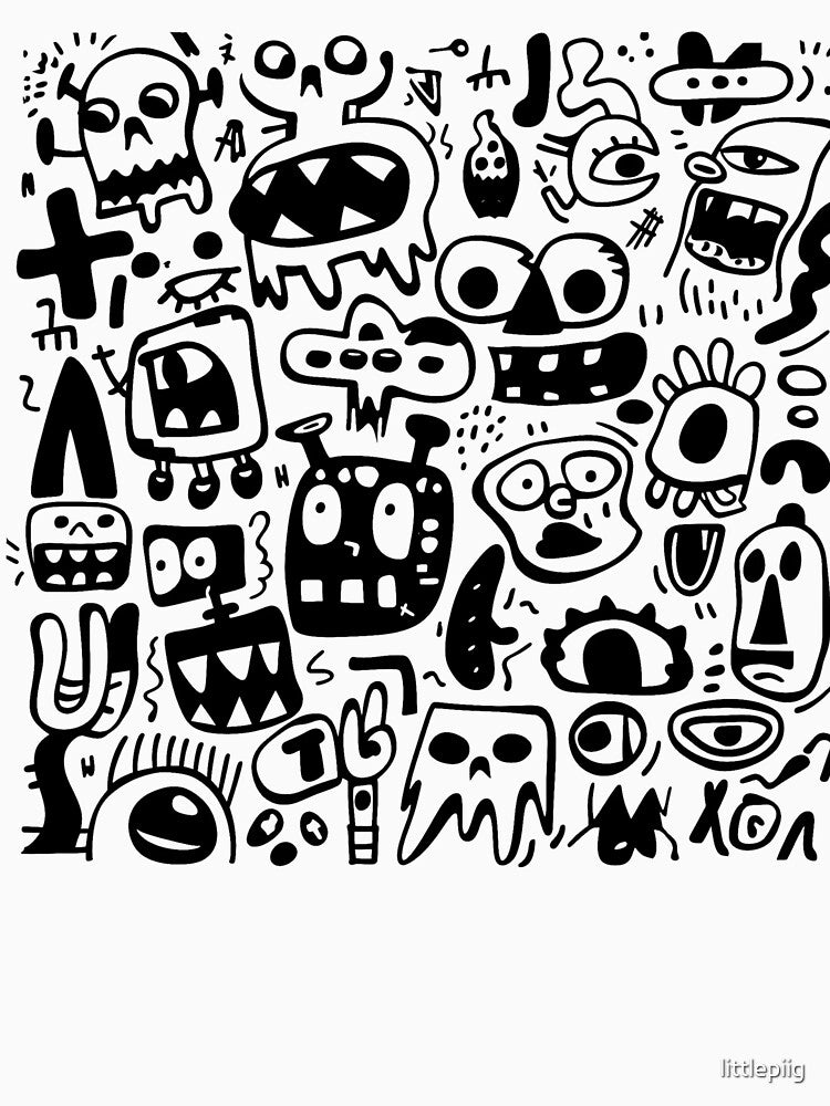 Creepy Cute Monster Doodle Pattern - Black and White Cartoon Eyes Skulls and Faces by littlepiig