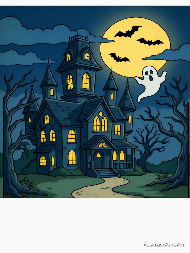 Haunted Mansion Halloween Art Print | Cute Spooky House Illustration | Whimsical Ghost Night Wall Art by AbstractAuraArt