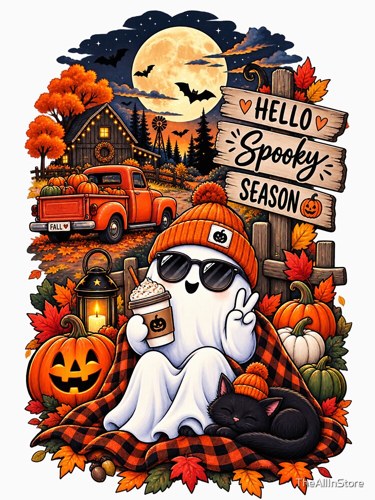 Happy Spooky Season | Cozy Halloween Ghost & Black Cat | Cute Pumpkin Autumn Design by TheAllInStore