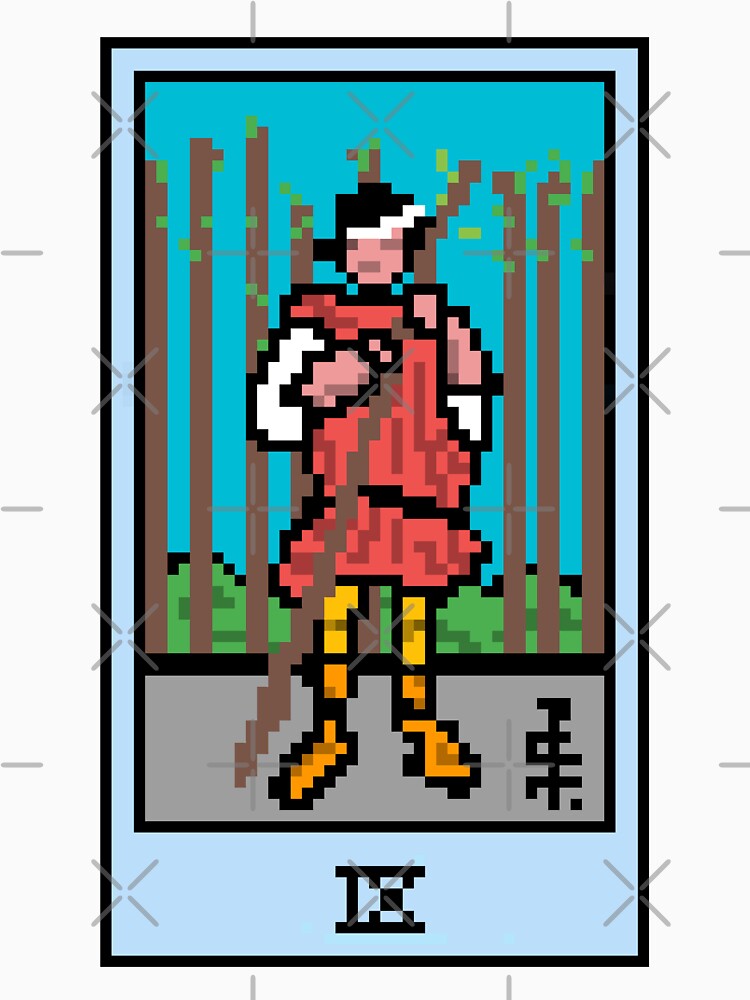 Wait, is this pixel art tarot? Yellow - Minor Arcana 'Nine of Wands' (Design for T-shirt, stickers and other accessories) by Pixel Waite