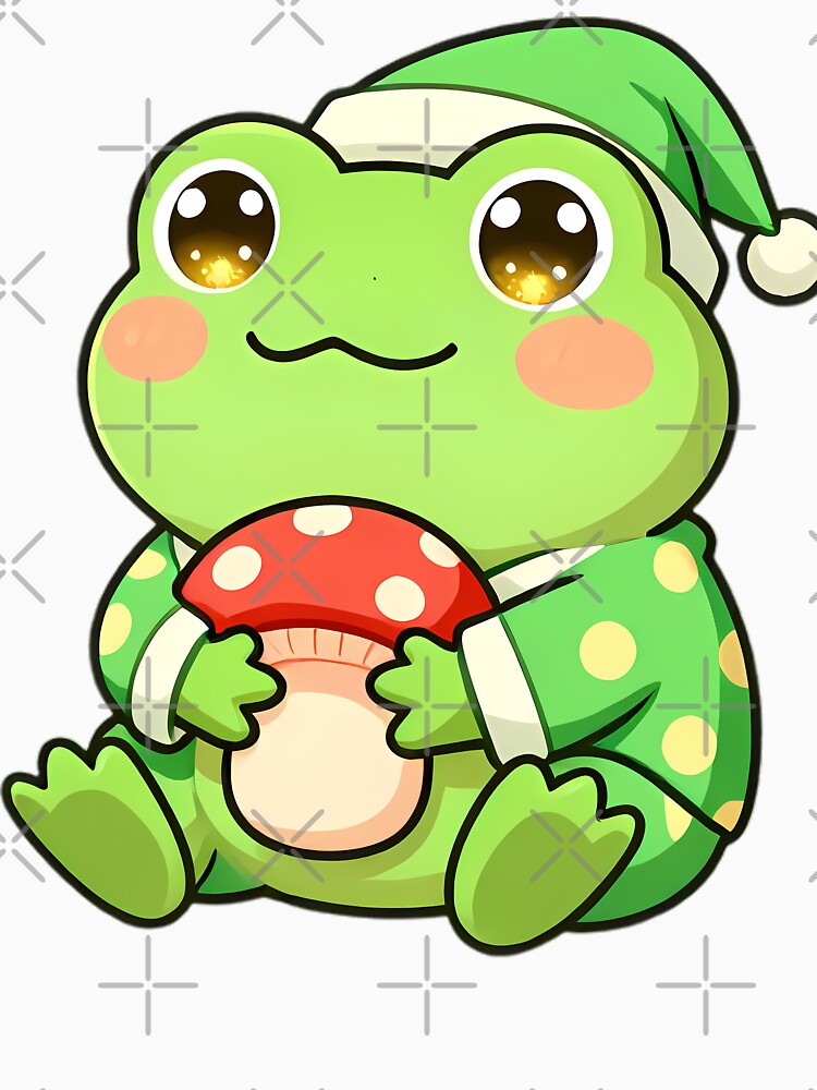 Cute Chubby Tree Frog in Polka-Dot Pajamas Hugging Mushroom by pumsquare