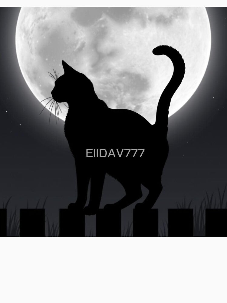 Black Cat Silhouette on Fence Full Moon Halloween Night by EllDAV777