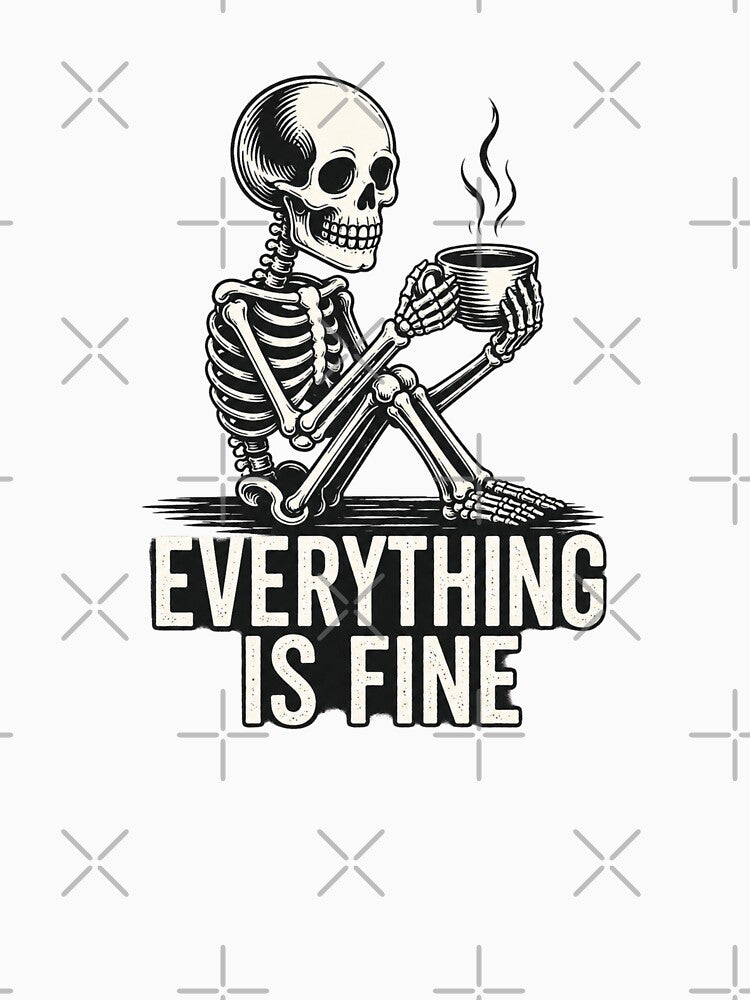 Skeleton sitting and drinking coffee – Fun design for exhausted coffee lovers by FusiTink