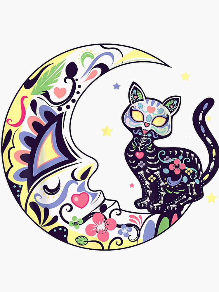Cat And Moon Sugar Skull Dia De Los Muertos by teheroa