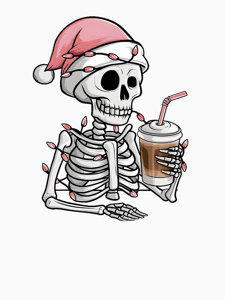 Skeleton Drinking Ice Coffee with Christmas Lights Pastel Santa Hat by clothesy7