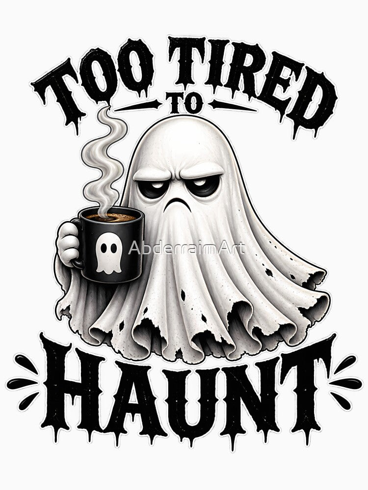 Too Tired to Haunt – Grumpy tired Ghost Coffee Humor by AbderraimArt